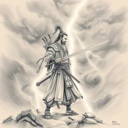 ancient ntricate line drawings of a chinese warrior in clothes with a broadsword, down hard, dark cloud and lightning on the grounddramatic lighting, cg, whole body, extremely detailed, 8 k, sophisticated