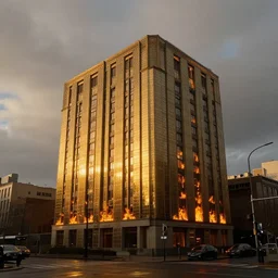 aesthetic building on fire, golden hour, bad weather, ultrahd, ultra sharp, hyper detailed, 8 k, smooth sharp forcus, realism, tumblr aesthetic,