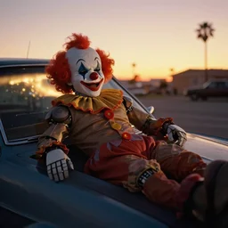 robot clown relaxing at a california drive in, in 1 9 8 2, cutecore clowncore, bathed in the the glow of the sunset, low - light photograph, in style of tyler mitchell