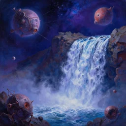 !! waterfall !! in asteroid field, purplish blueish space with stars in background, ultra detailed, high quality, artstation award winner, oil painting, digital painting, 8k, vibrant, ultra detailed water