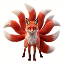 red-haired kitsune nine-tailed fox, high detail digital art, full body, standing, isolated on a pure white background, centered, whole figure in frame, sharp focus, studio lighting