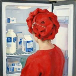open refrigerator with milk cartons, in the style of red madras headdress le madras rouge 1 9 0 7, by henri matisse.