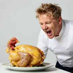 photograph of gordon ramsay screaming at a chicken