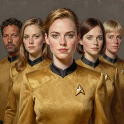 portrait of young gillian anderson as ensign ro on star trek, the next generation. in a gold uniform. beautiful, lithe, suit. oil painting by anne stokes, luis royo, karol bak, mandy jurgens and larry elmore, beautiful woman, detailed matte painting, realistic portrait, symmetrical, highly detailed, digital painting, artstation, concept art, smooth, sharp focus, illustration, cinematic lighting, 8 k resolution