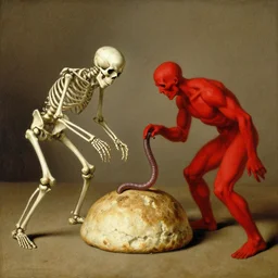skeleton and red man fighting over a worm - scone, artwork by james ensor and odlion redon