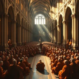 crowd of monks sitting in circular formation in giant gothic church, with stunning evening dusk sunlight dappled light and god rays, old master painting, intricate chinese imperial robes, detailed oil painting by william adolphe bouguereau and donato giancola