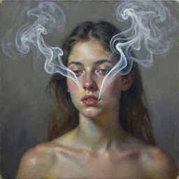 you won't ever catch my love through the real smoke detailed and highly reliefed oil painting and analogue collage with canvas texture in style of conteporary art, photorealistic, surrealism, expressionism, masterpiece, balanced composition, calm vivid colors, grim atmosphere, spectacular quality, trending on artstation, intricate oil details