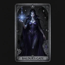 baldur's gate character portrait, sorceress, magic, black paper, tarot card, concept art, style of kieran yanner, jason manley