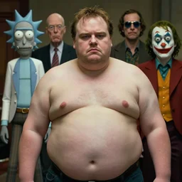 Guy who's a combination of Travis Bickle, Tyler Durden, Rick from Rick and Morty, The Wolf of Wall Street, Scarface, Don Draper, Walter White, the guy from A Clockwork Orange, The Joker and Patrick Bateman but he's morbidly obese, 70mm film screenshot, trending on IMDb