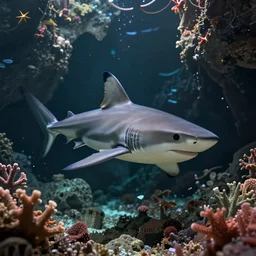 shark in underwater coral cavern, d & d, fantasy, digital painting, artstation, sharp focus, 8 k, movie lighting, masterpiece, artgerm, greg rutkowski
