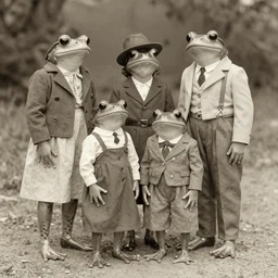 vintage photograph of a family of frogs in clothing, full body, sepia