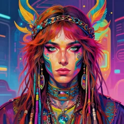 colorful detailed portrait of a hippie, set in the future 2 1 5 0 | highly detailed | very intricate | symmetrical | professional model | cinematic lighting | award - winning | painted by mandy jurgens | pan futurism, dystopian, bold colors, cyberpunk, groovy vibe, anime aesthestic | featured on artstation