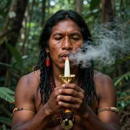 a beautiful portrait of an indigenous man taking rapé in the jungle, taking tobacco snuff, fantasy art, matte painting, highly detailed