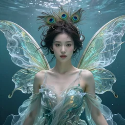 prompt portrait of a close up beautiful female fairy, translucent silky dress, fluid simulation, peacock feather wrap the head, underwater ink env, wispy gigantic wings , hyperrealistic intricate details, asian face, by Peter Mohrbacher, trending on artstation, 8k