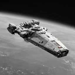 a large mecha space ship cruising in space, desaturated, moebius, complementing colors, maschinen krieger, beeple, film, atmospheric perspective