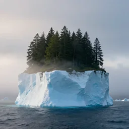 an iceberg with a forest on top, middle of the ocean, morning fog, art by greg rutkowski and wlop, cinematic