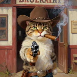a cat wearing a cowboy hat, smoking a cigar, holding a gun into the camera as he enters a saloon, oil painting