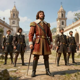 spanish colonial soldier francisco pizarro, wide view, high detailed, full perfect, high detail, by craig mullins, peter mohrbacher, unreal engine, octane rendered, 8 k, trending on artstation