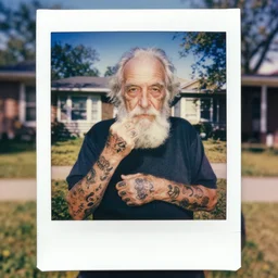 detailed color analog medium format photo made by harmony korine, polaroid photo of old person with tatoos in american suburbs, high production value, intricate details, 8 k resolution, hyperrealistic, hdr, photorealistic, high definition, tehnicolor, award - winning photography, masterpiece, amazing colors,