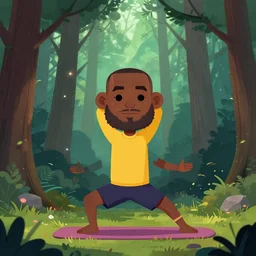 lebron james doing yoga in the forest, cartoonish cute, pine trees, magical atmosphere, trending on artstation, 3 0 mm, by noah bradley trending on artstation, deviantart, high detail, stylized portrait