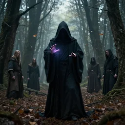 cinematic shot, dark hooded mage ( spectre ) using his magic ultimate in the dead forest with leaves falling, symmetrical, 8 k, atmospheric, realistic, made by ivan aivazovsky, peter mohrbacher, greg rutkowski, volumetric light, broad light, fantasy art, sci - fi art, details visible, unreal engine, octane render