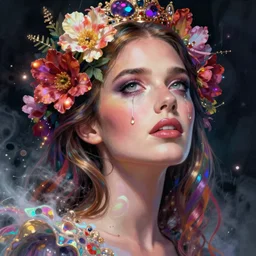 heidi klum, portrait, colorful and vibrant majestic, royal, open wide eyes, drops of tear with flowers on her hair, glowing light orbs, intricate concept art, elegant, digital painting, smooth, sharp focus, ethereal opalescent mist, outrun, vaporware, cyberpunk darksynth, ethereal, ominous, misty, 8 k, by ruan jia and miho hirano, rendered in octane