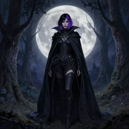 moon in the background!!!, full portrait dark witch, adventurer outfit large cloak, fantasy forest landscape, fantasy magic, short purple black fade hair, dark light night, intricate, elegant, sharp focus, illustration, highly detailed, digital painting, concept art, matte, art by wlop and artgerm and greg rutkowski and alphonse mucha, masterpiece
