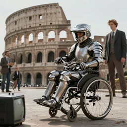 knight in armor in a motorcycle dirt helmetin a wheelchair do tricks & watch old tv, rome, highly detailed, soft lighting, elegant, by edward hopper and james gillard, zdislaw beksinski, stephen outram, andreas m wiese, highly detailed, masterpiece. fashion studio lighting. edward _ hopp, unreal 6, 8 k