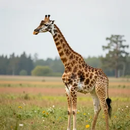 photo of a beautiful giraffe with horns in a colorful meadow tom of finland style