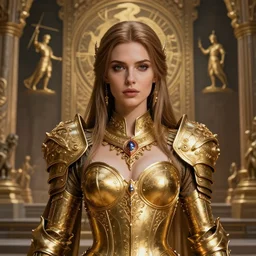 professional digital art of a hyper realistic and highly detailed photography beautiful woman in a beautiful complex and sexy golden armor. girl's face is hyper realistic, symetric, and highly detailed. background is an ancient temple, knights of zodiac. greg rutkowski, zabrocki, karlkka, jayison devadas, intricate, artstation, 8 k, unreal engine 5