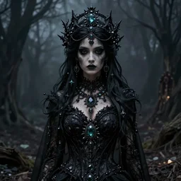 A stunning Gothic goddess of jewels in an empty land, dark and mysterious, atmospheric, ominous, eerie, cinematic, Epic, 8k, 4k, ultra detail, ultra realistic, rendered by awesomeness