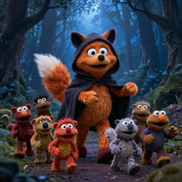 a large orange kitsune muppet wearing a dark hooded cloak and herding a bunch of random muppet animals following behind through a dark foreboding misty blue forest, sesame street, photograph, photography, ultrarealistic, national geographic