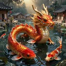 game character beautiful pond dragon half fish half salamander, wet amphibious skin, red salamander, axolotl creature, koi pond, korean village by Ruan Jia and Gil Elvgren, fullbody