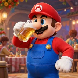 an epic fantasy comic book style portrait painting of super mario drinking beer at the oktoberfest, party, studio ghibli, no red colour, unreal 5, daz, hyperrealistic, octane render, cosplay, rpg portrait, dynamic lighting, intricate detail, harvest fall vibrancy, cinematic