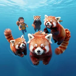 Floating fantasy red pandas having fun over a blue ocean, Darek Zabrocki, Karlkka, Jayison Devadas, Phuoc Quan, trending on Artstation, 8K, ultra wide angle, pincushion lens effect.