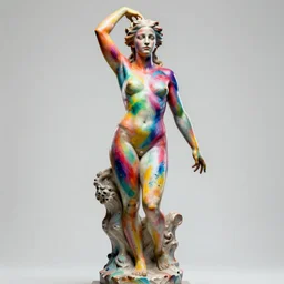sculpture of Emma Watson by Jean-Baptiste Carpeaux and Luo Li Rong and Michael James Talbot as venus callipygian, standing athletic pose, perfect symmetrical face, colorful, bright psychedelic colors, bodypaint, acrylic paint splashes, all body, elegant, realistic, 8K, female full-skin figure, hyperrealism, subsurface scattering, raytracing, rim light, Octane Render, Redshift, Zbrush