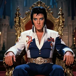 elvis presley as the king of the world, sitting on his throne in his castle, atmospheric lighting, reflective eyes, nice composition, artwork by charlie bowater