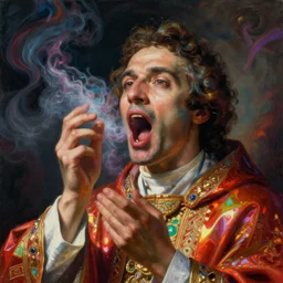 a baroque neoclassicist close - up renaissance portrait of an iridescent priest performing an exorcism with a wide open mouth. reflective detailed textures. glowing colorful fog, dark background. highly detailed fantasy science fiction painting by moebius, norman rockwell, frank frazetta, and alphonse mucha. rich colors, high contrast. artstation