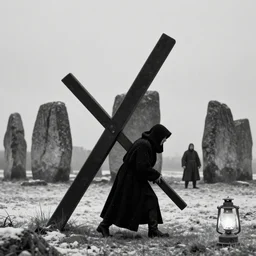 a cloaked man dragging a giant black cross in front of the neolithic standing stones, by henry ossawa tanner and rembrandt, lit by gas lamps, black and white, grainy, snow, highly detailed, gloomy and foggy atmosphere, octane render, cinematic lighting, 8 k, hd