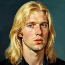 a realistic portrait of a blonde man, chiseled jawline, big lips, long hair, 1 8 0 0 s, vibrant color, edward hopper, trending on artstation