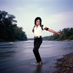 michael jackson, dancing on the kaskaskia river, single point perspective, dynamic composition, kodachrome, long exposure,