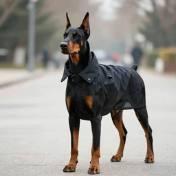 a doberman in a duffle coat