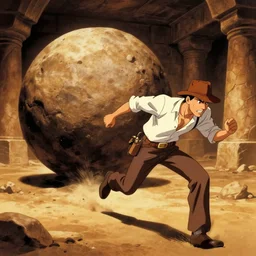 Indiana Jones running away from boulder trap, boulder chase, underground sandstone temple background, giant round stone chasing Indian Jones, raiders of the lost ark, anime key visual