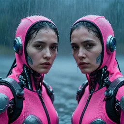 cinestill 5 0 d candid photographic portrait by helen levitt of two cyborgs wearing rugged neon pink mesh techwear in treacherous waters, extreme closeup, modern cyberpunk moody depressing cinematic, pouring rain, 8 k, hd, high resolution, 3 5 mm, f / 3 2, ultra realistic faces, ex machina