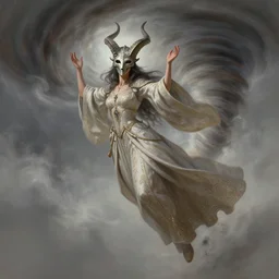 character concept art of sorceress wearing half horned mask flying inside a tornado, full body shot, wearing gown, raised hands, fantasy painterly style, intricate details, artwork by ross tran, artgerm, eimbrodered clothing