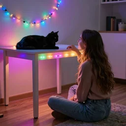 beautiful girl with long hair sits on the floor. table from ikea lack with led lighting inside. a black cat lies on an ikea lack table. multi - colored leds, garland.