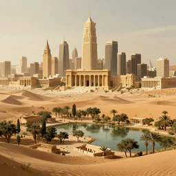 city and temples of arrakis, but it is an oasis with trees and water, arrakeen, arab architectural and brutalism and gigantism, from frank herbert novels, composition idea concept art for movies, style of denis villeneuve and greg fraiser