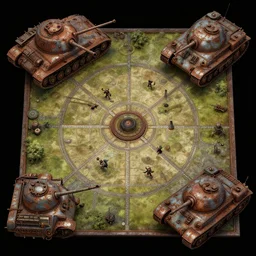 2 d overhead view, digital painted rusted dieselpunk tank virtual tabletop asset sheet, roll 2 0, 2 - minute tabletop, battle map prop, black background, unity asset store, by greg rutkowski, trending on artstation