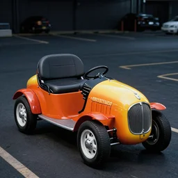 new electric utility car with single sit, with classic vintage race design, photo shoot, 4 k, very detailed, photolab, lighting, dark parking lot background, vibrant colors