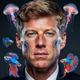 full shot of a beautiful john f kennedy with defined facial features, intricate abstract. cyberpunk, symmetrical facial features. biomechanics. betta fish, jellyfish phoenix, bio luminescent, plasma, by ruan jia and artgerm and range murata and wlop and ross tran and william - adolphe bouguereau and beeple. in the style of jin kagetsu, james jean and wlop, key art. fantasy illustration. award winning, artstation, intricate details, realistic, hyperdetailed, 8 k resolution.